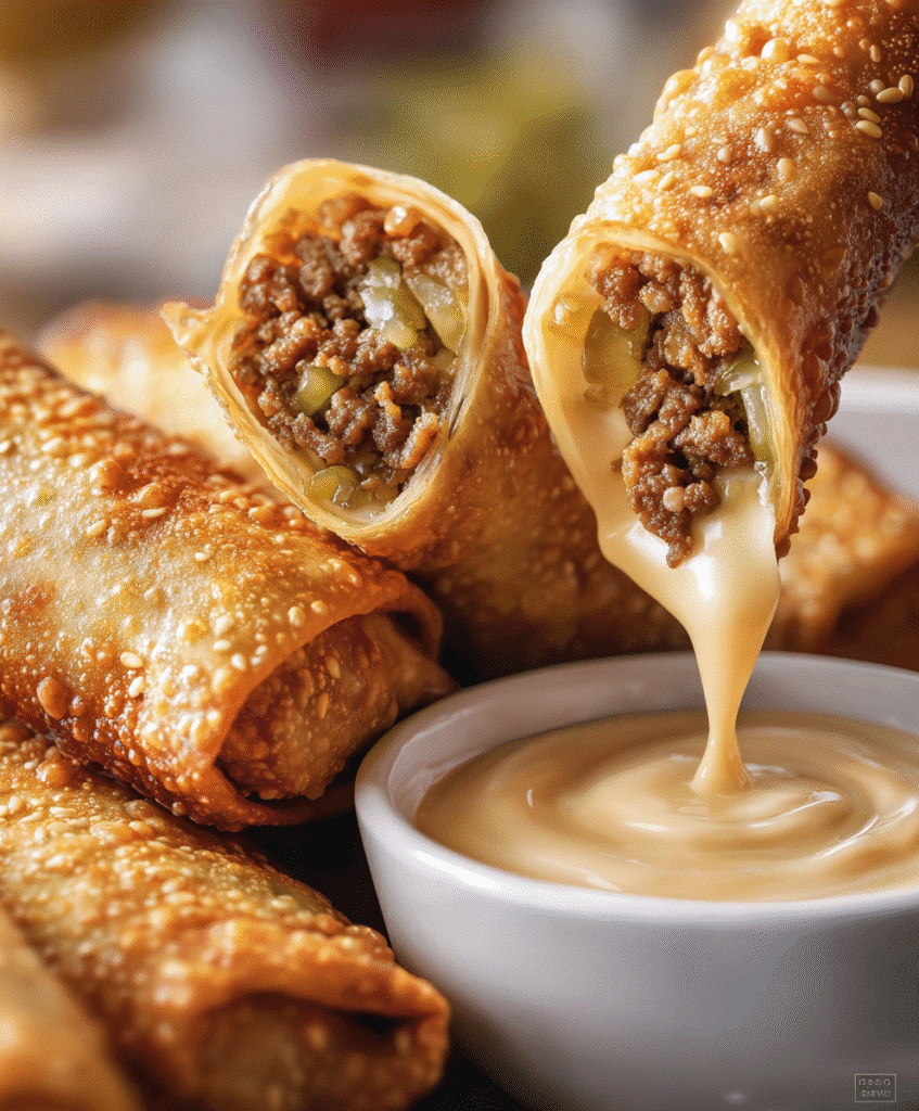 Cheeseburger Egg Rolls with “Big Mac” Sauce