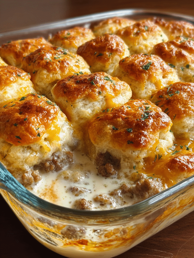 Cheesy Biscuit & Sausage Gravy Casserole makes breakfast bliss! 5 Cheesy Biscuit & Sausage Gravy Casserole