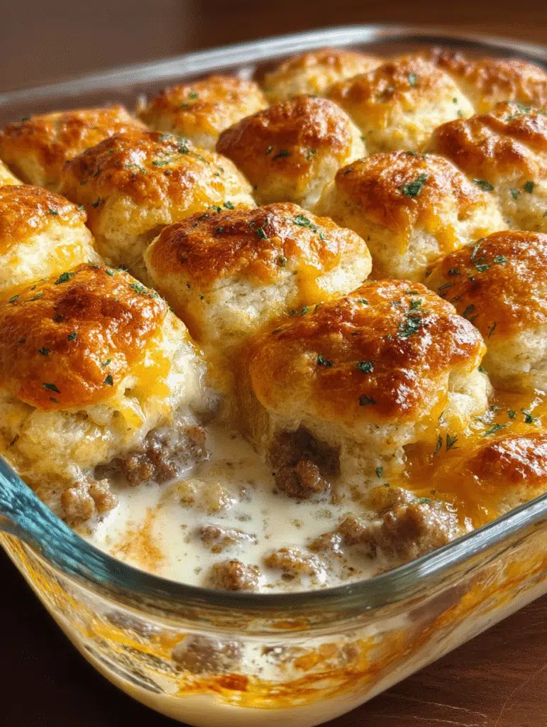 Cheesy Biscuit & Sausage Gravy Casserole makes breakfast bliss! 5 Cheesy Biscuit & Sausage Gravy Casserole