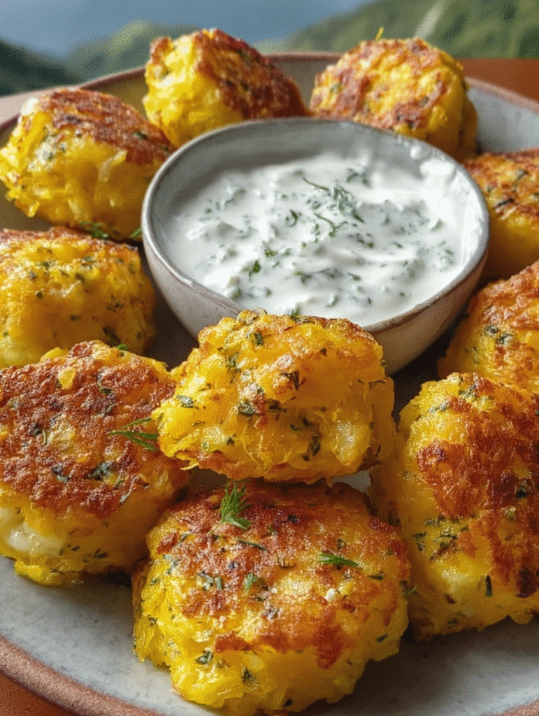 Cheesy Yellow Squash Tots with Zesty Yogurt Dip