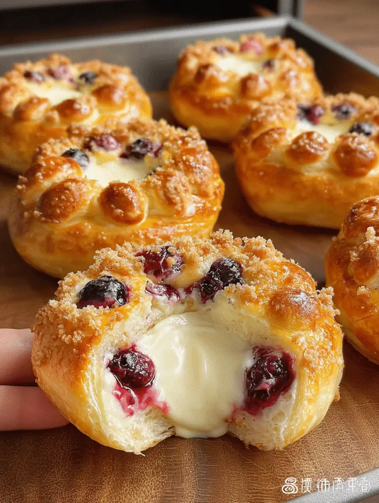 Danish Carnival Buns with Vanilla Cheesecake Delight! 5 Danish Carnival Buns with Vanilla Cheesecake & Blueberry Compote