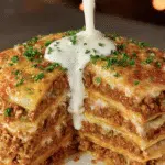 Savory Layered Beef Tortilla Pie with Cream Sauce