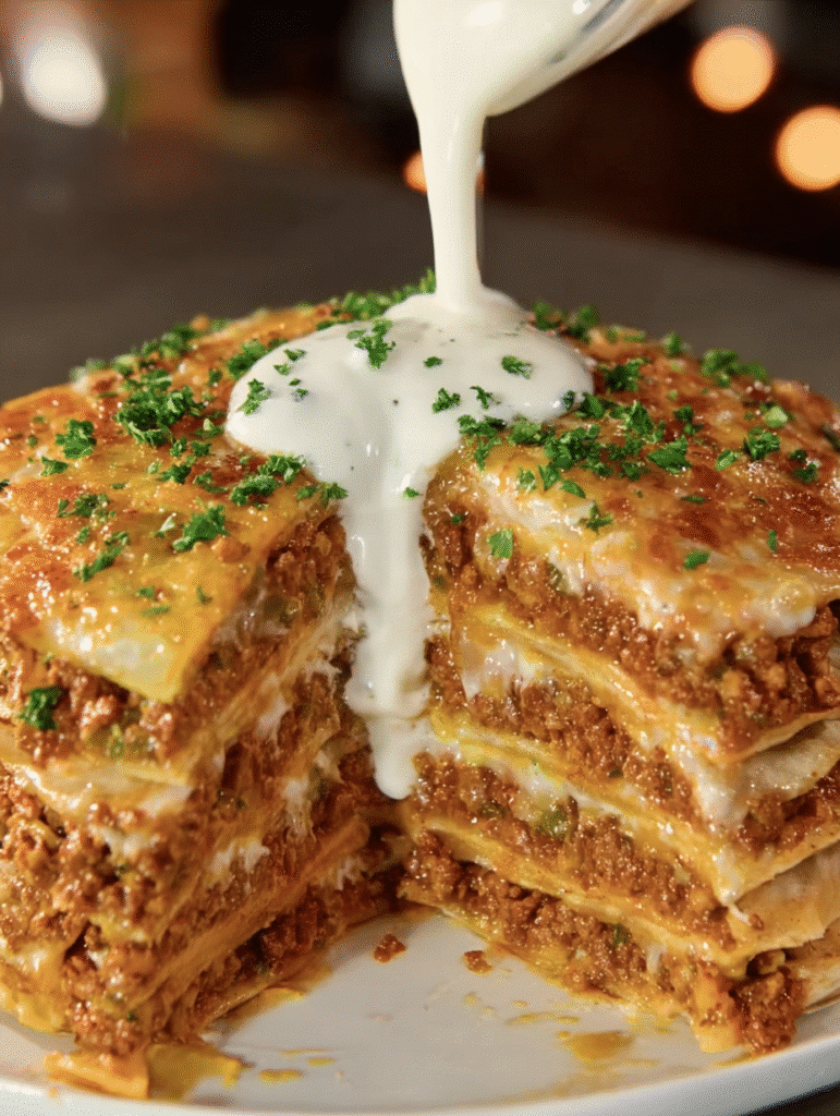 Savory Layered Beef Tortilla Pie with Cream Sauce is a must-try! 5 Savory Layered Beef Tortilla Pie with Cream Sauce