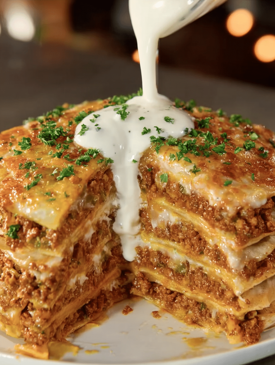Savory Layered Beef Tortilla Pie with Cream Sauce