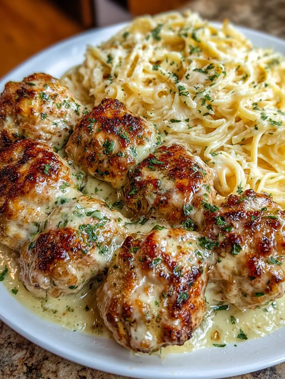 Creamy Garlic Chicken Meatballs with Alfredo Pasta Recipe Delight! 2 Creamy Garlic Chicken Meatballs with Alfredo Pasta
