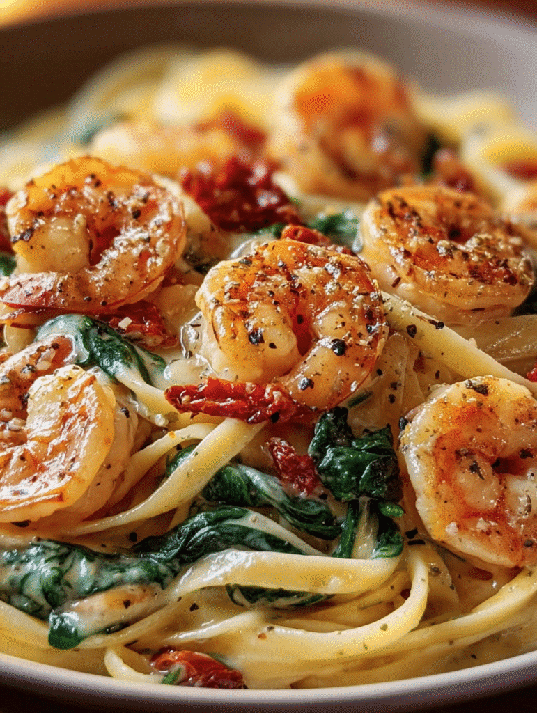 Creamy Sun-Dried Tomato Shrimp with Spinach Fettuccine