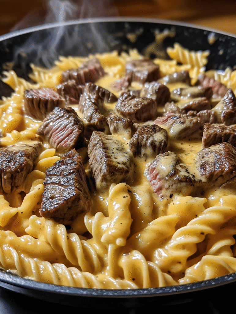 One-Pan Honey Garlic Steak & Cheddar Pasta