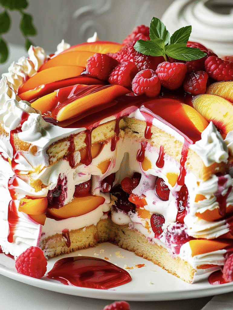 Peach Raspberry Whipped Cream Layer Cake