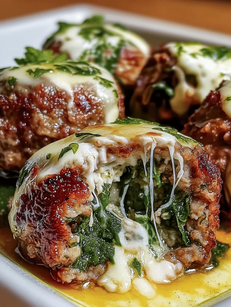 Spinach Garlic Meatballs Stuffed with Mozzarella