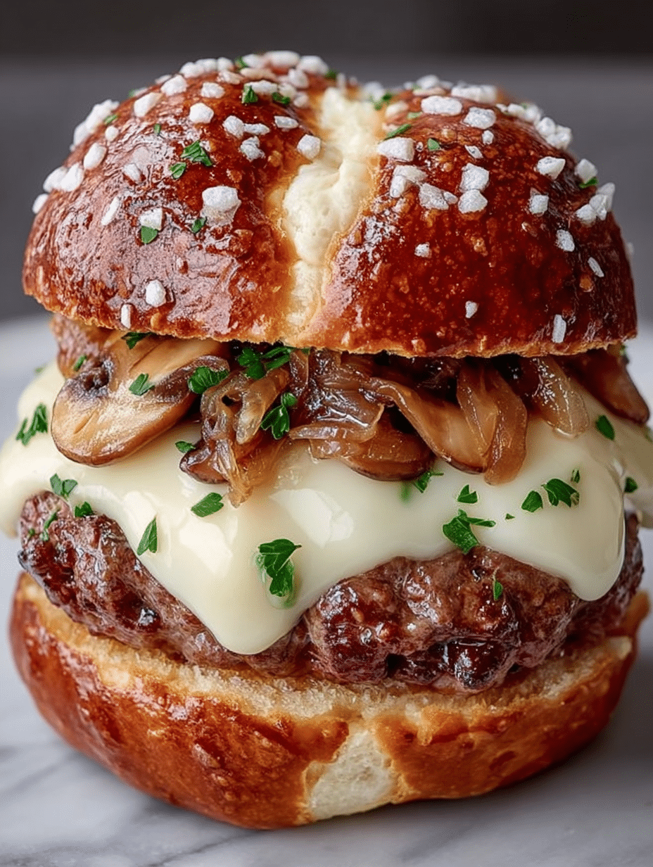 Gourmet Mushroom Swiss Pretzel Burger