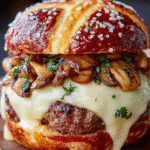 Melted Swiss Mushroom Pretzel-Bun Burger