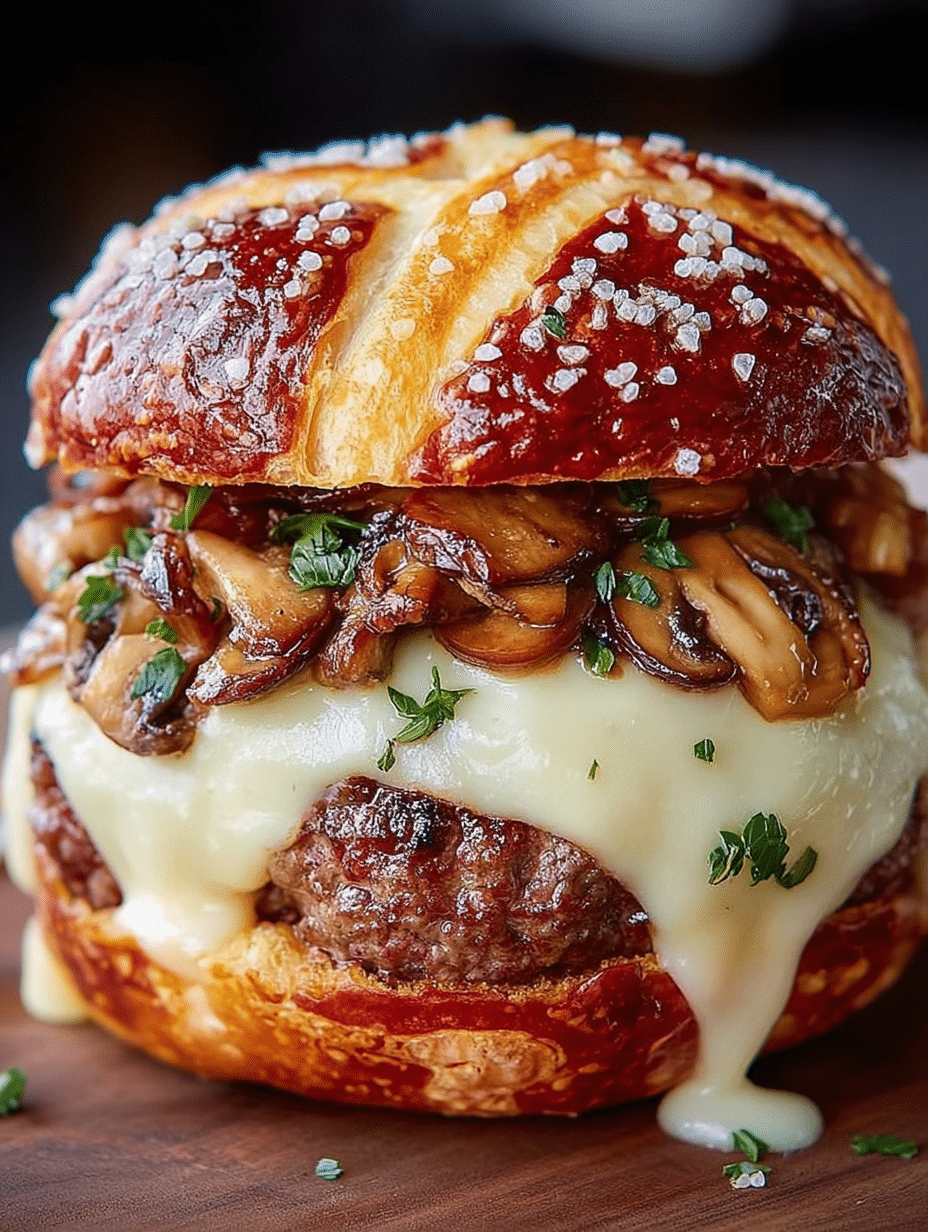 Melted Swiss Mushroom Pretzel-Bun Burger