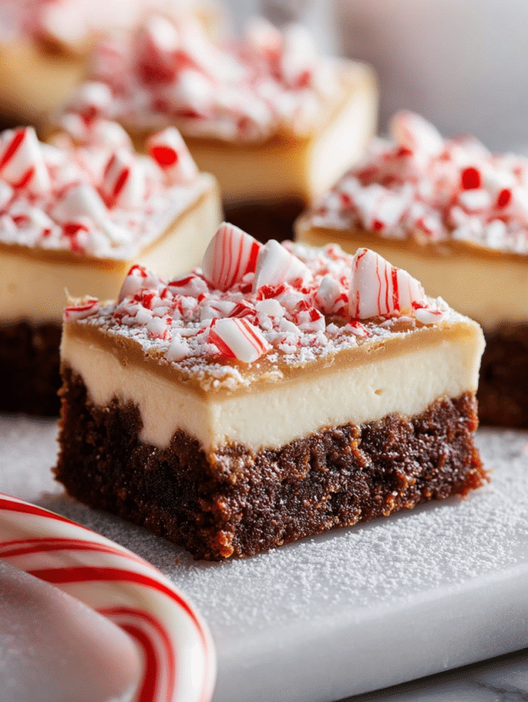 Peppermint Candy Cane Cheesecake Brownie Bars