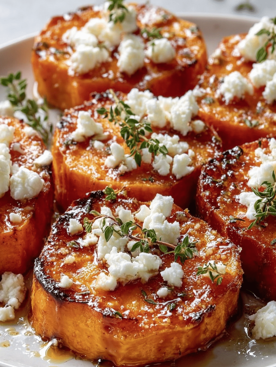 Roasted Honey-Balsamic Sweet Potato Rounds with Feta & Herbs