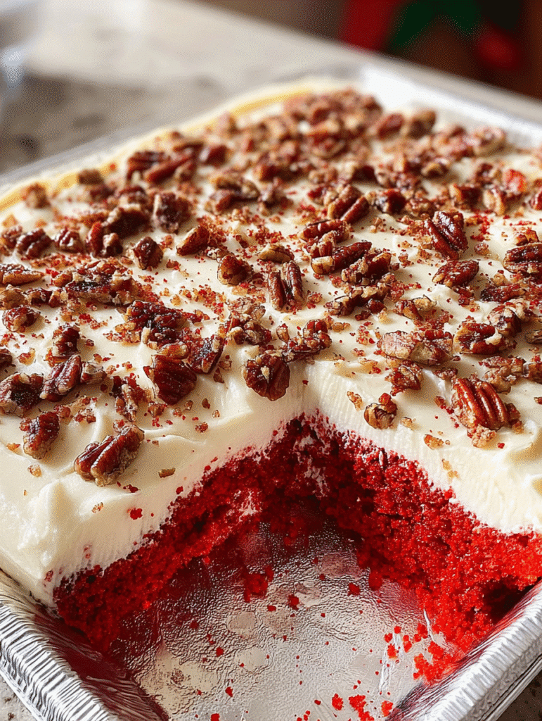 Southern Red Velvet Sheet Cake with Cream Cheese Frosting & Toasted Pecans