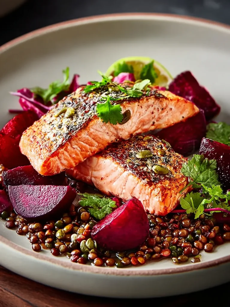 Savory Mustardy Salmon with Beetroot and Lentils Recipe First Image