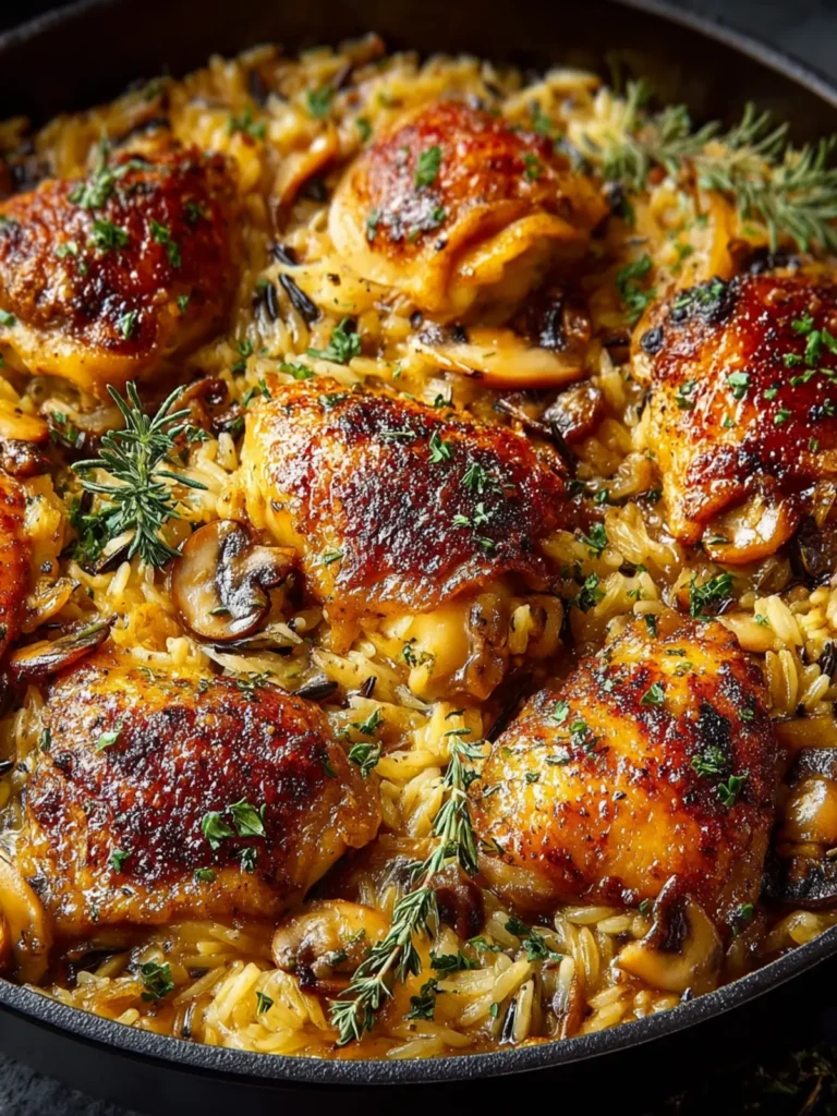 Baked Chicken with Wild Rice, Orzo, Mushrooms & Caramelized Onions First Image