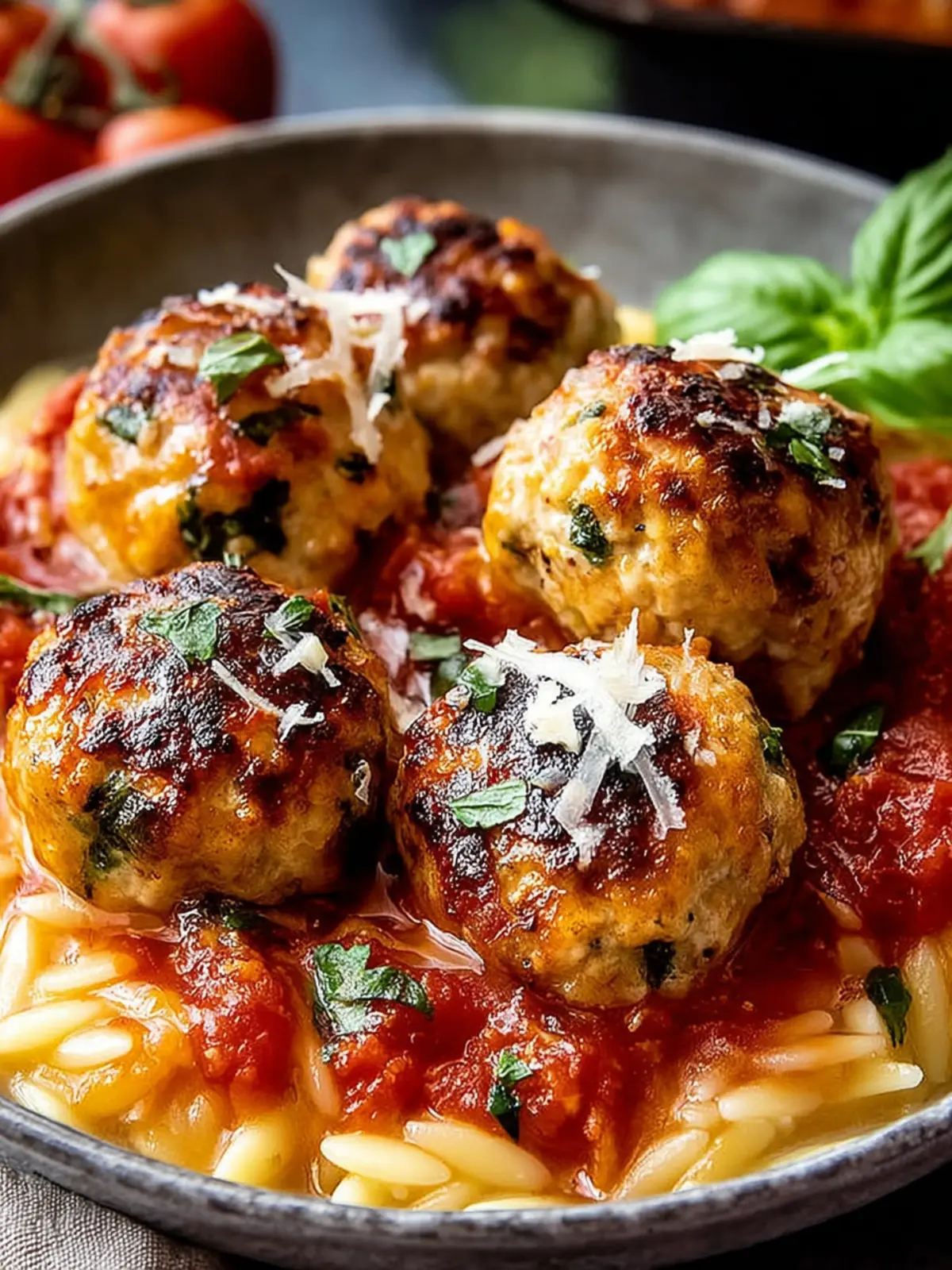 Delightful Baked Rosemary Chicken Meatballs with Tomato Orzo First Image