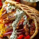 Lemon-Garlic Chicken Pitas with Feta Tzatziki & Roasted Bell Peppers First Image