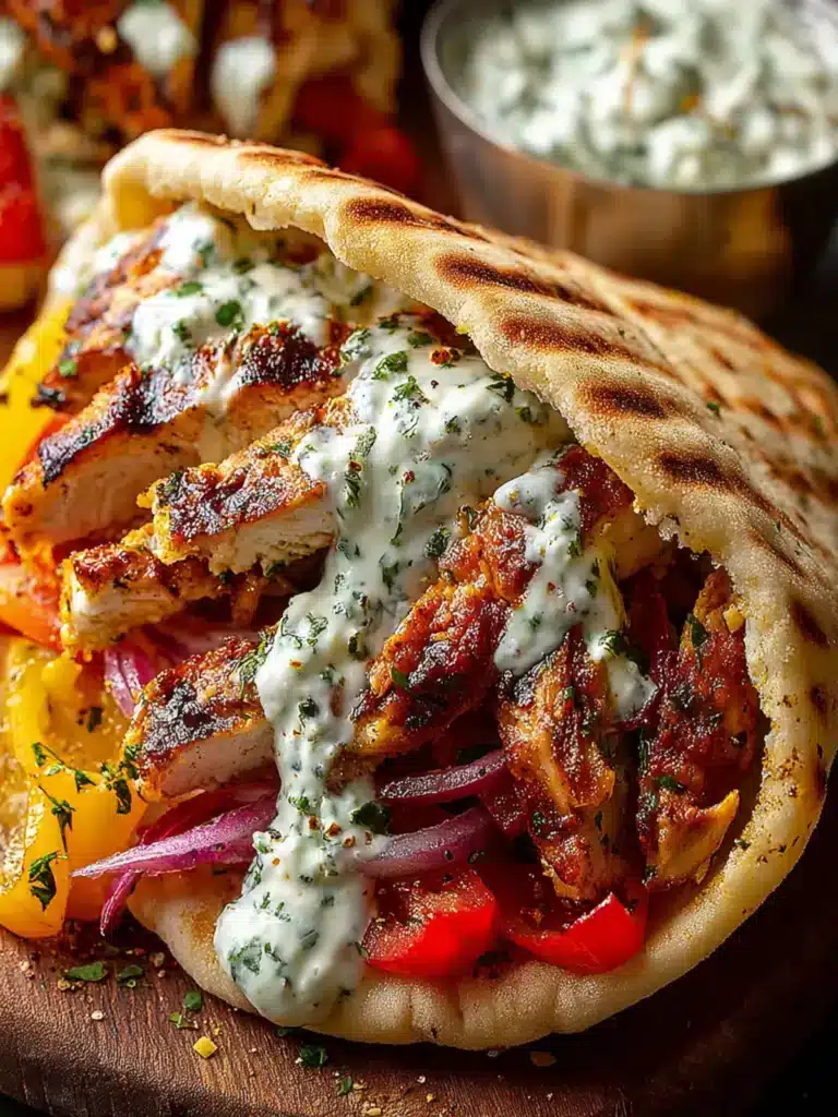 Lemon-Garlic Chicken Pitas with Feta Tzatziki & Roasted Bell Peppers First Image