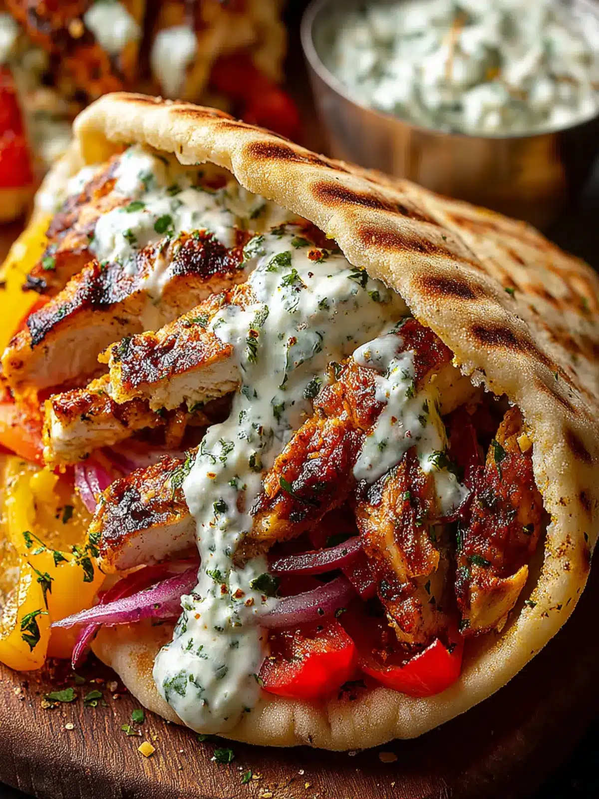 Lemon-Garlic Chicken Pitas with Feta Tzatziki & Roasted Bell Peppers First Image