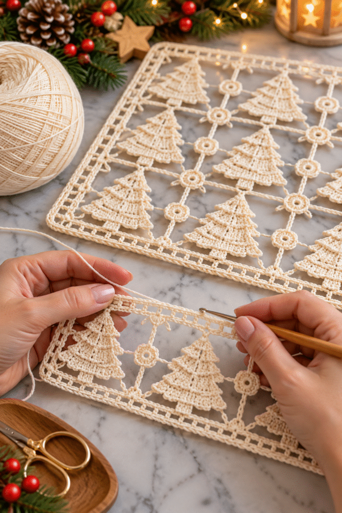 Christmas Tree Crochet Lace: Beautiful Holiday Crochet Decoration 2 Hands crocheting Christmas tree lace with cream yarn