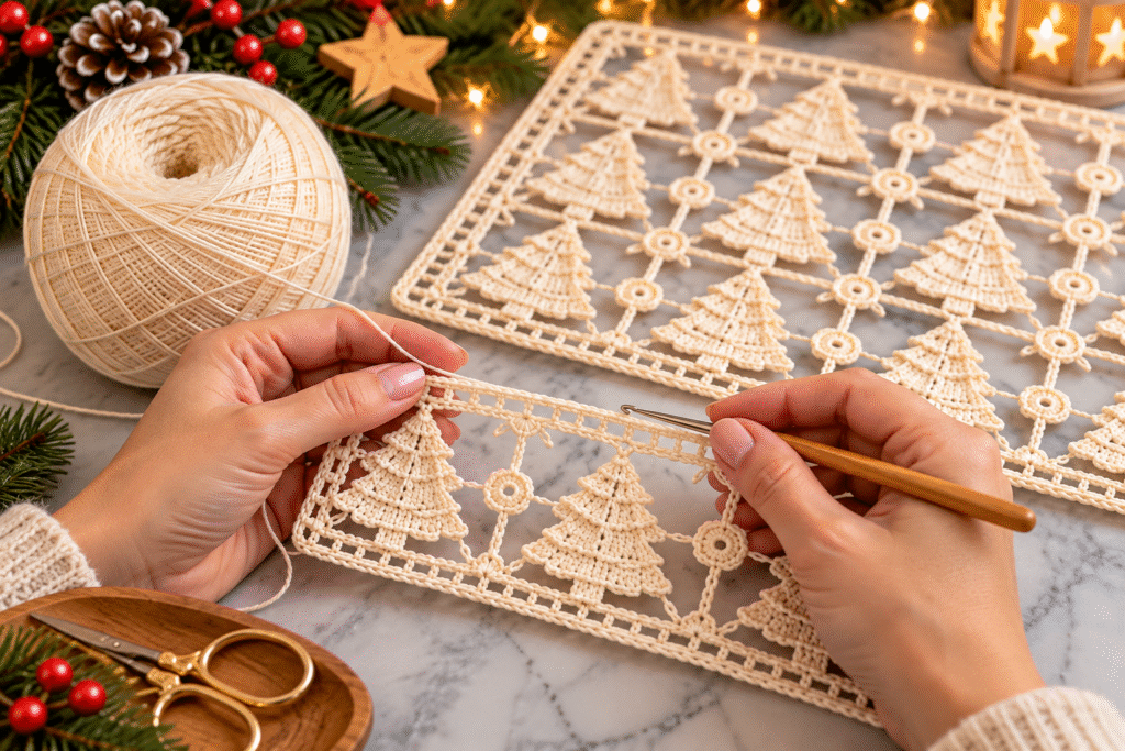 Christmas Tree Crochet Lace: Beautiful Holiday Crochet Decoration 3 Hands crocheting Christmas tree lace with cream yarn